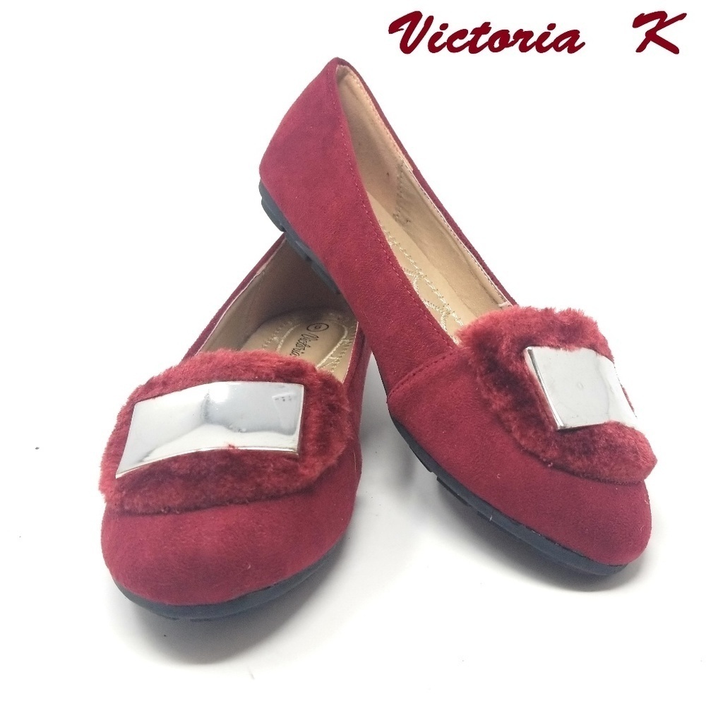 Women's Flats, Faux Fur Embellished Buckle, BF-2636, Wine
